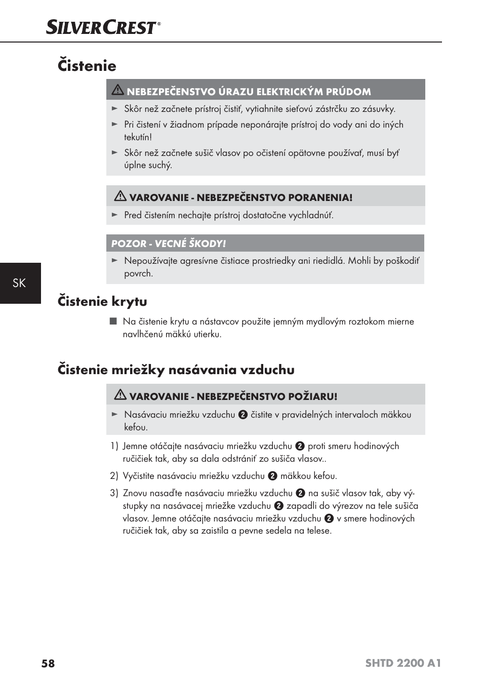 Čistenie, Čistenie krytu, Čistenie mriežky nasávania vzduchu | Silvercrest SHTD 2200 A1 User Manual | Page 61 / 74