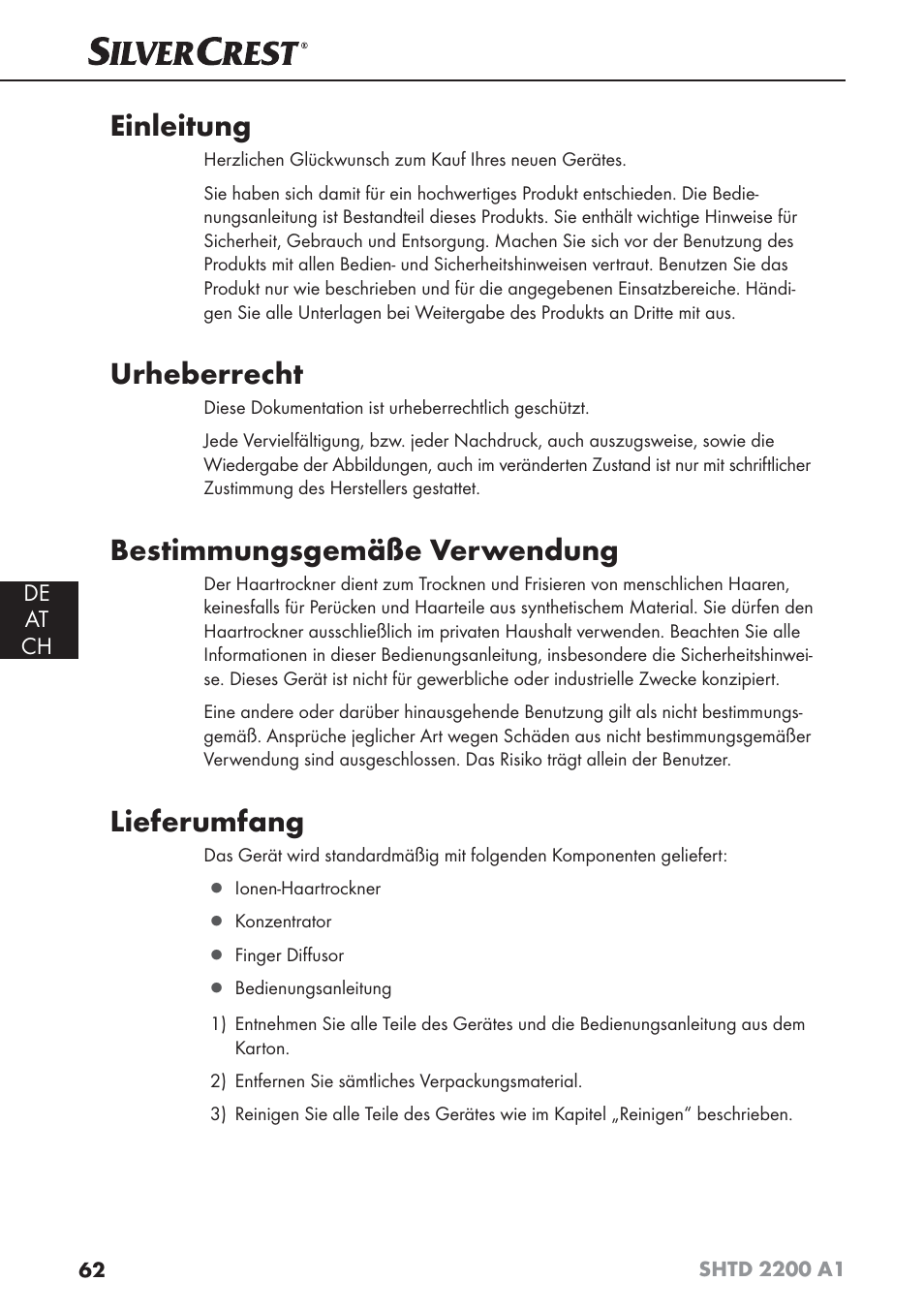 Einleitung, Urheberrecht, Bestimmungsgemäße verwendung | Lieferumfang | Silvercrest SHTD 2200 A1 User Manual | Page 65 / 74