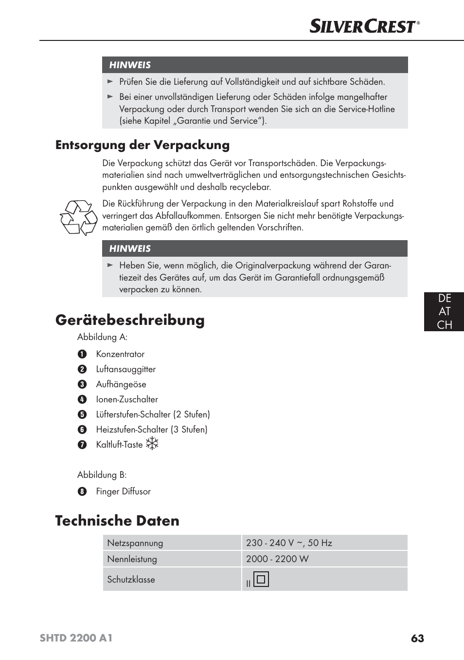Gerätebeschreibung, Technische daten, Entsorgung der verpackung | Silvercrest SHTD 2200 A1 User Manual | Page 66 / 74