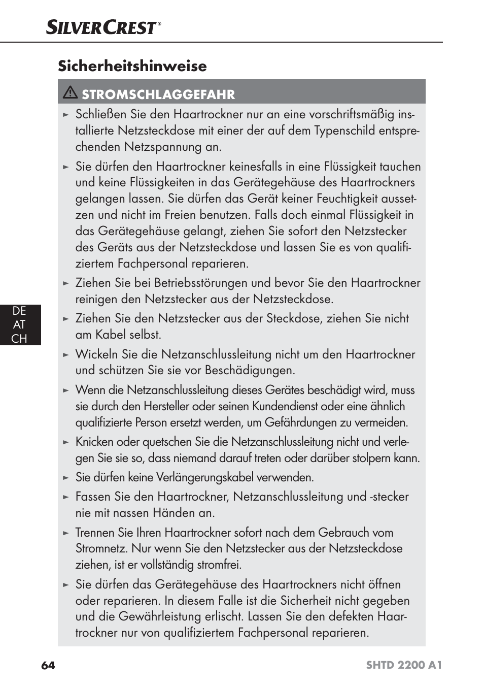 Sicherheitshinweise, Stromschlaggefahr, Sie dürfen keine verlängerungskabel verwenden | Silvercrest SHTD 2200 A1 User Manual | Page 67 / 74