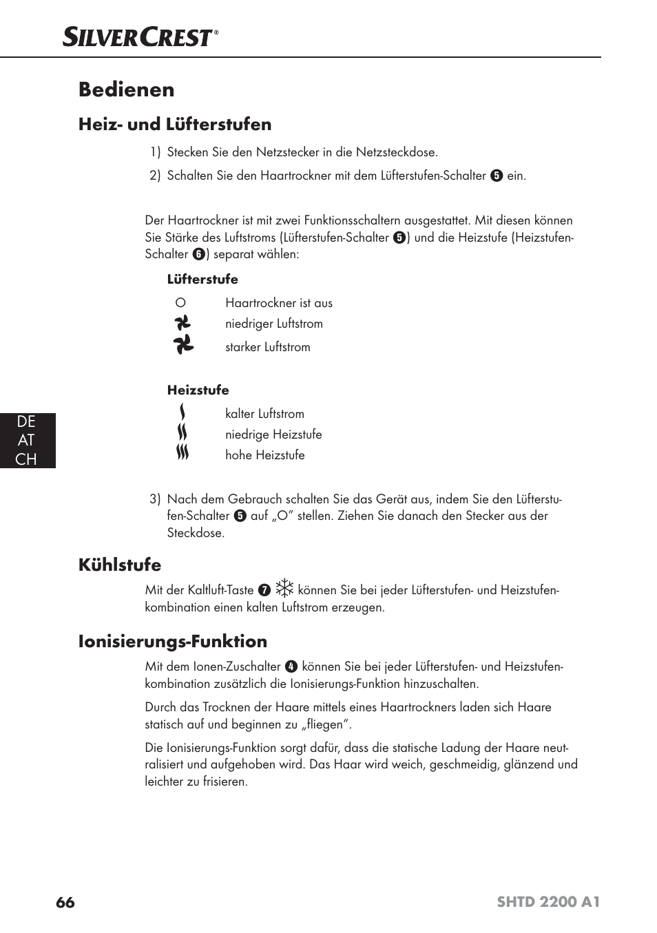 Bedienen, Heiz- und lüfterstufen, Kühlstufe | Ionisierungs-funktion | Silvercrest SHTD 2200 A1 User Manual | Page 69 / 74