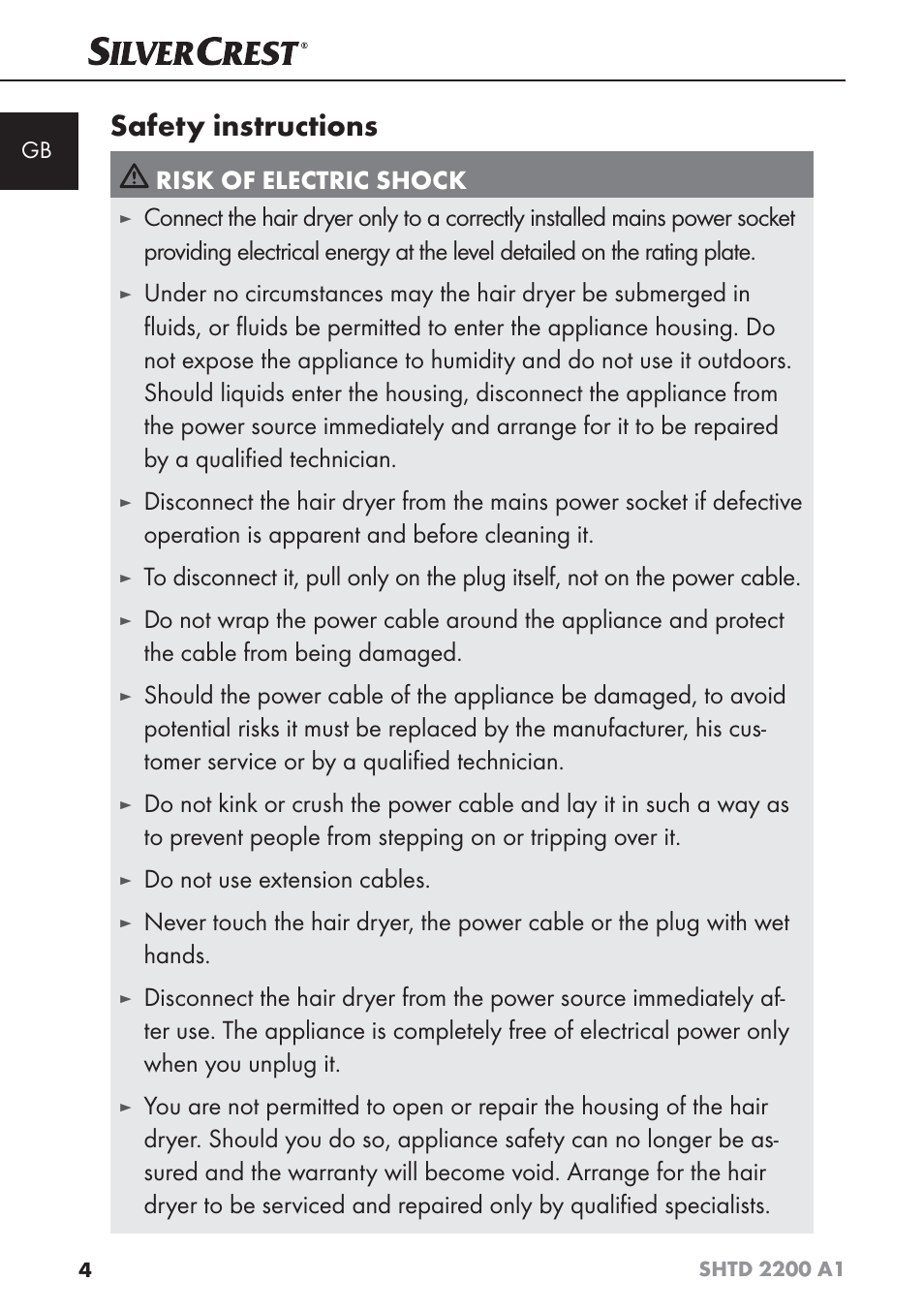 Safety instructions, Risk of electric shock, Do not use extension cables | Silvercrest SHTD 2200 A1 User Manual | Page 7 / 74