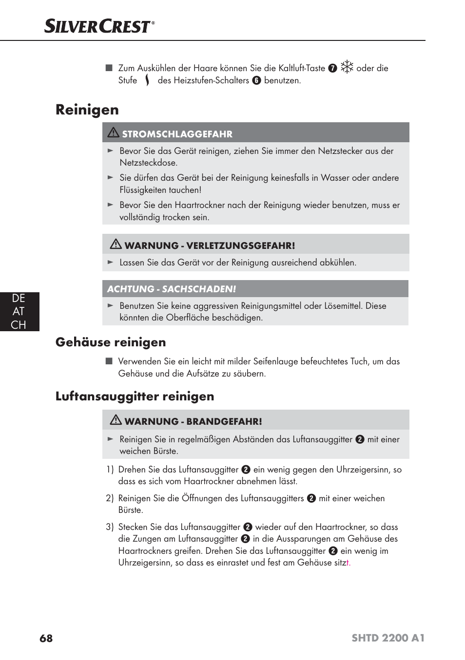 Reinigen, Gehäuse reinigen, Luftansauggitter reinigen | De at ch | Silvercrest SHTD 2200 A1 User Manual | Page 71 / 74