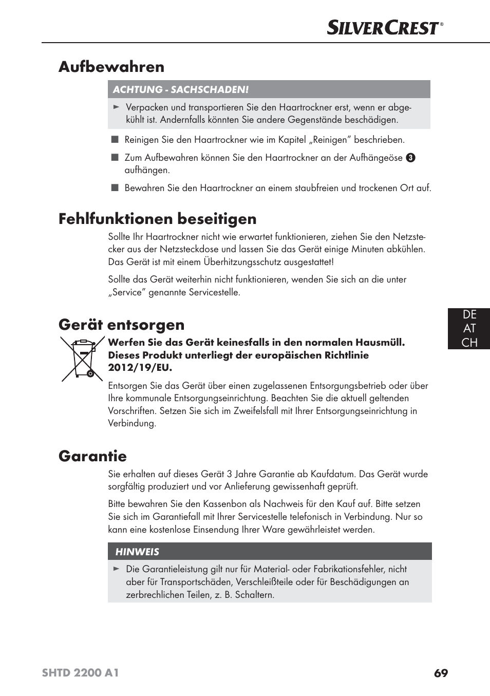 Aufbewahren, Fehlfunktionen beseitigen, Gerät entsorgen | Garantie | Silvercrest SHTD 2200 A1 User Manual | Page 72 / 74