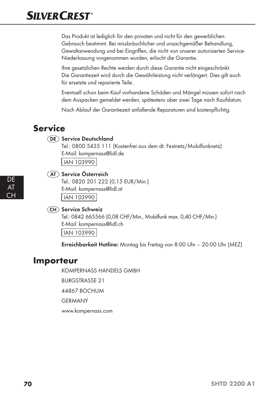 Service, Importeur | Silvercrest SHTD 2200 A1 User Manual | Page 73 / 74