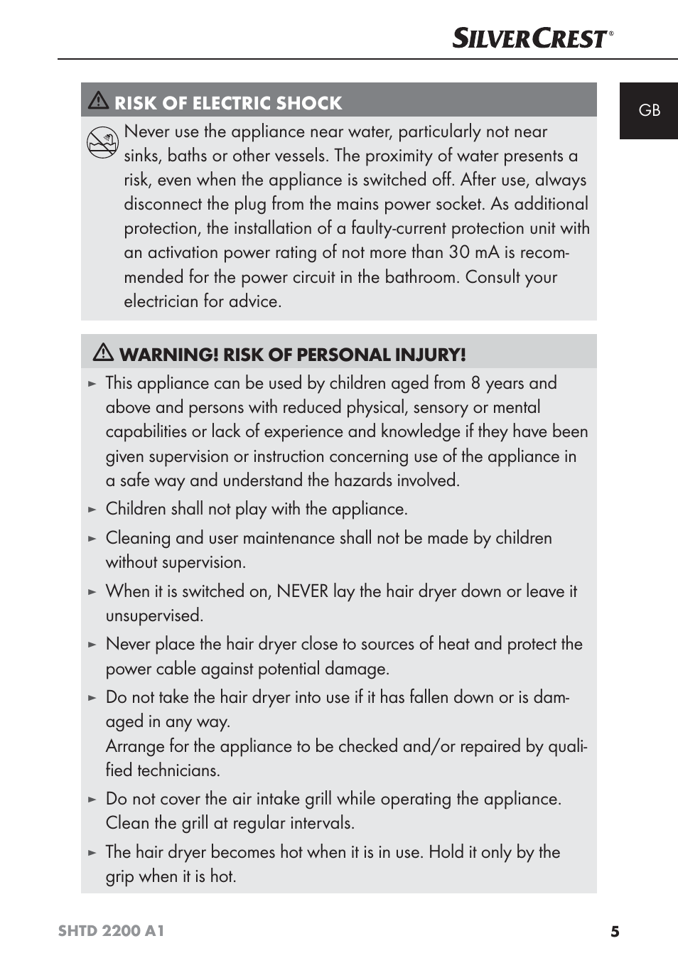 Children shall not play with the appliance | Silvercrest SHTD 2200 A1 User Manual | Page 8 / 74