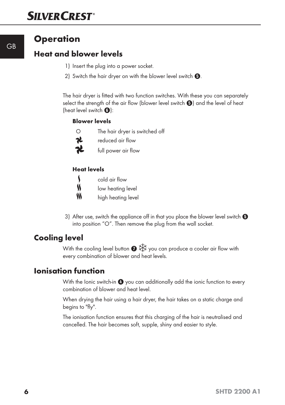 Operation, Heat and blower levels, Cooling level | Ionisation function | Silvercrest SHTD 2200 A1 User Manual | Page 9 / 74