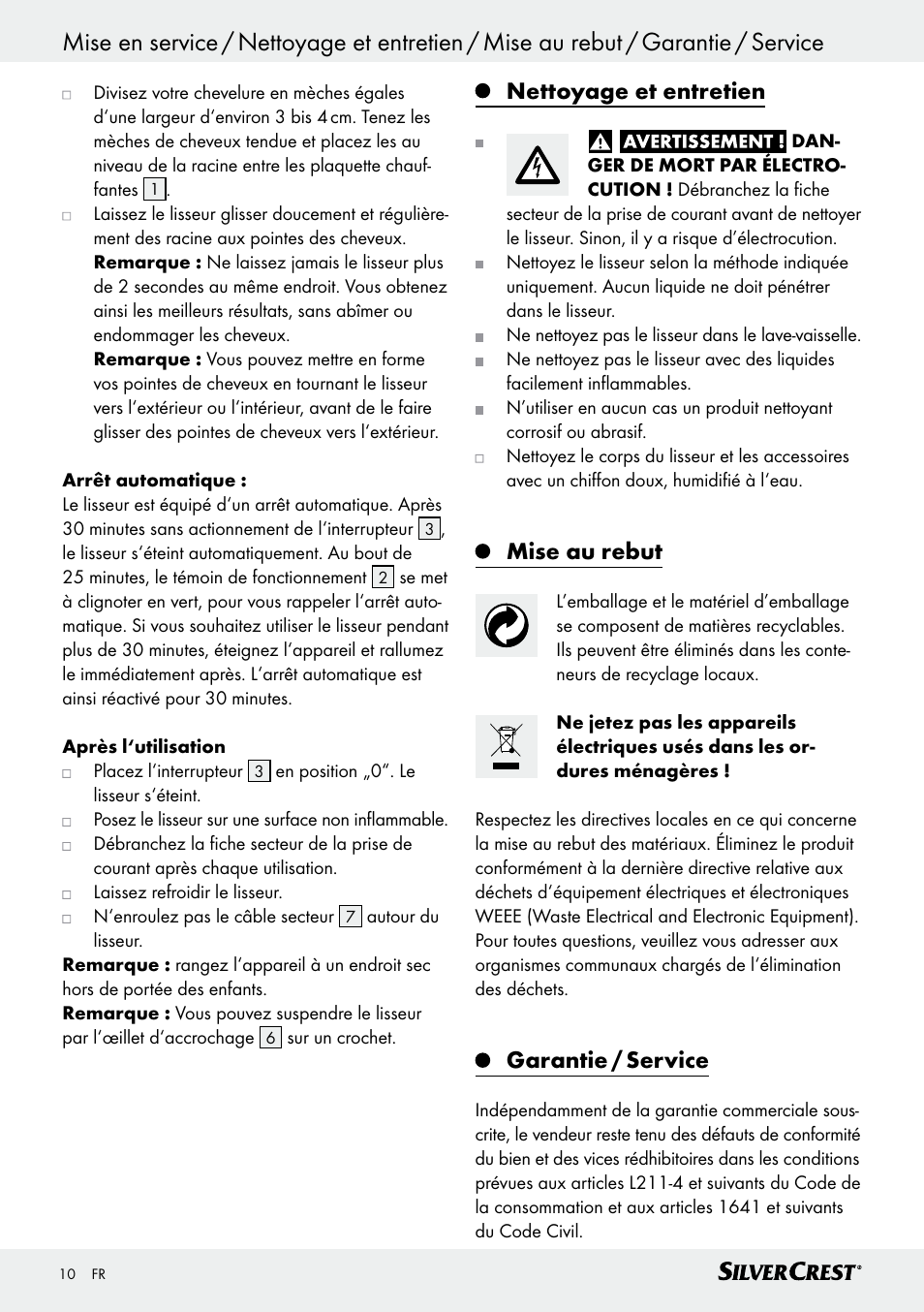 Nettoyage et entretien, Mise au rebut, Garantie / service | Silvercrest SHG 35 A1 User Manual | Page 10 / 29