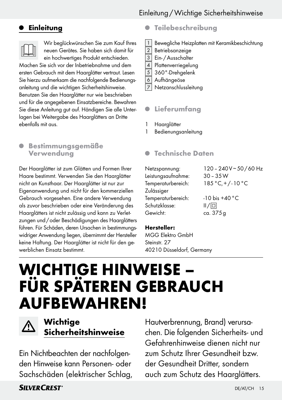 Einleitung / wichtige sicherheitshinweise | Silvercrest SHG 35 A1 User Manual | Page 15 / 29