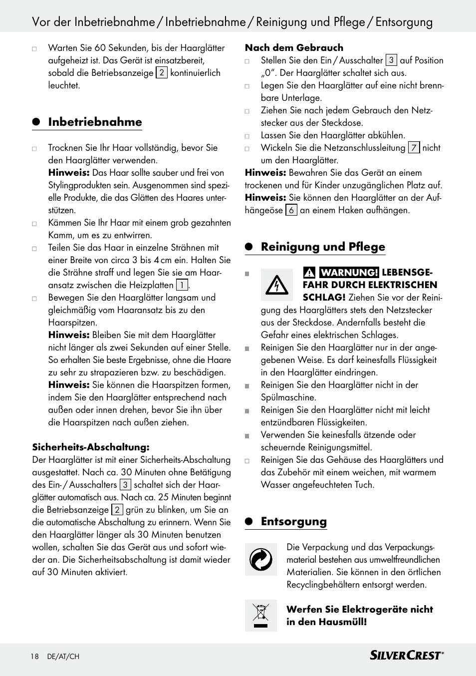 Inbetriebnahme, Reinigung und pflege, Entsorgung | Silvercrest SHG 35 A1 User Manual | Page 18 / 29