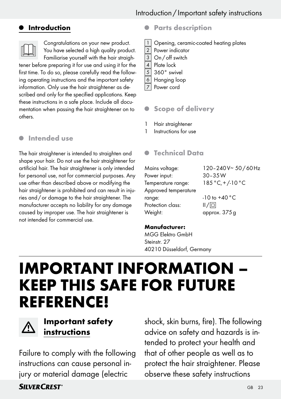 Introduction / important safety instructions | Silvercrest SHG 35 A1 User Manual | Page 23 / 29