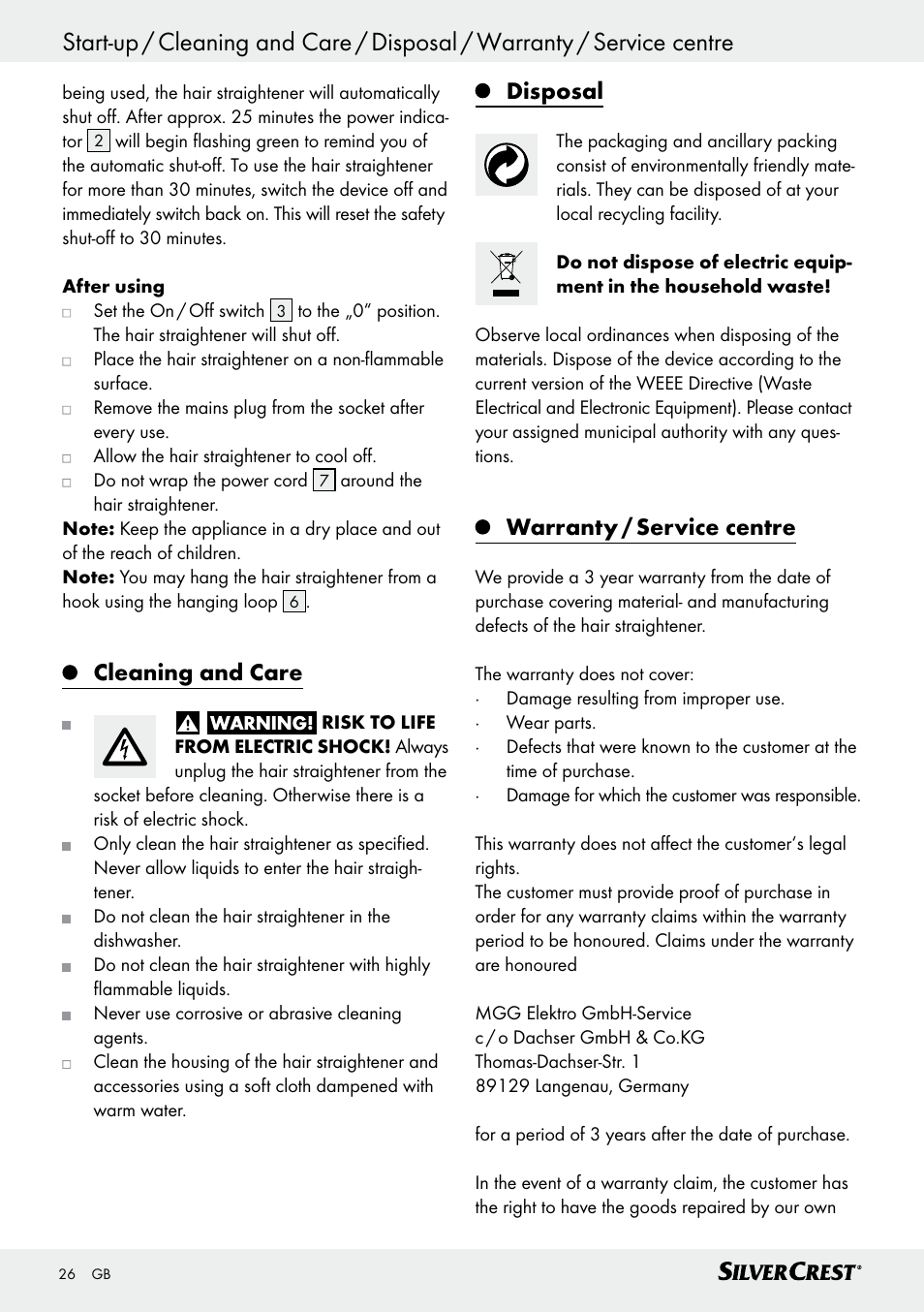 Cleaning and care, Disposal, Warranty / service centre | Silvercrest SHG 35 A1 User Manual | Page 26 / 29