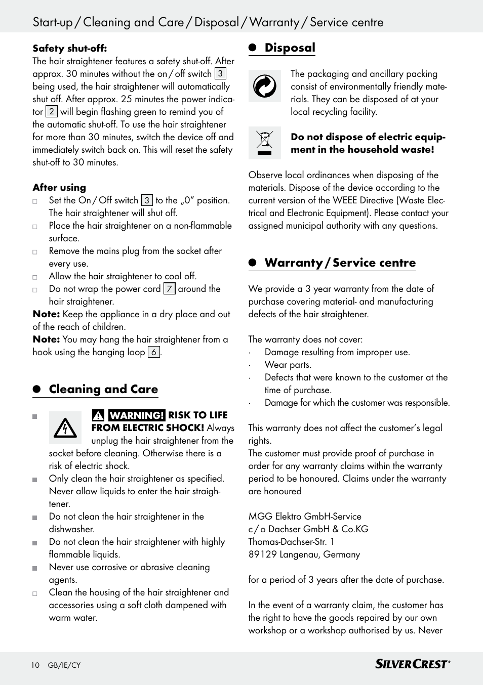 Cleaning and care, Disposal, Warranty / service centre | Silvercrest SHG 35 A1 User Manual | Page 10 / 21