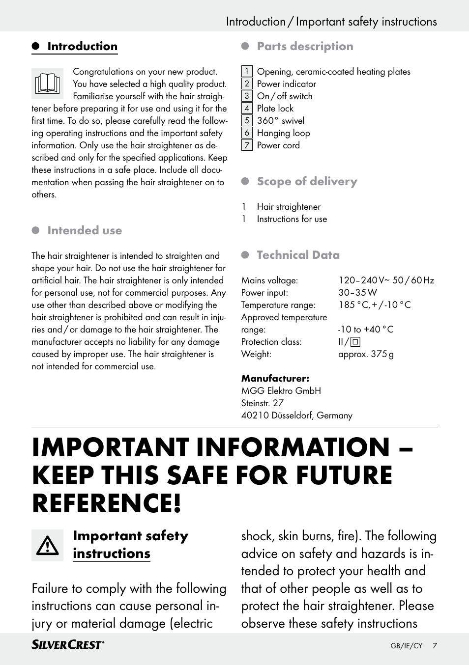 Introduction / important safety instructions | Silvercrest SHG 35 A1 User Manual | Page 7 / 21