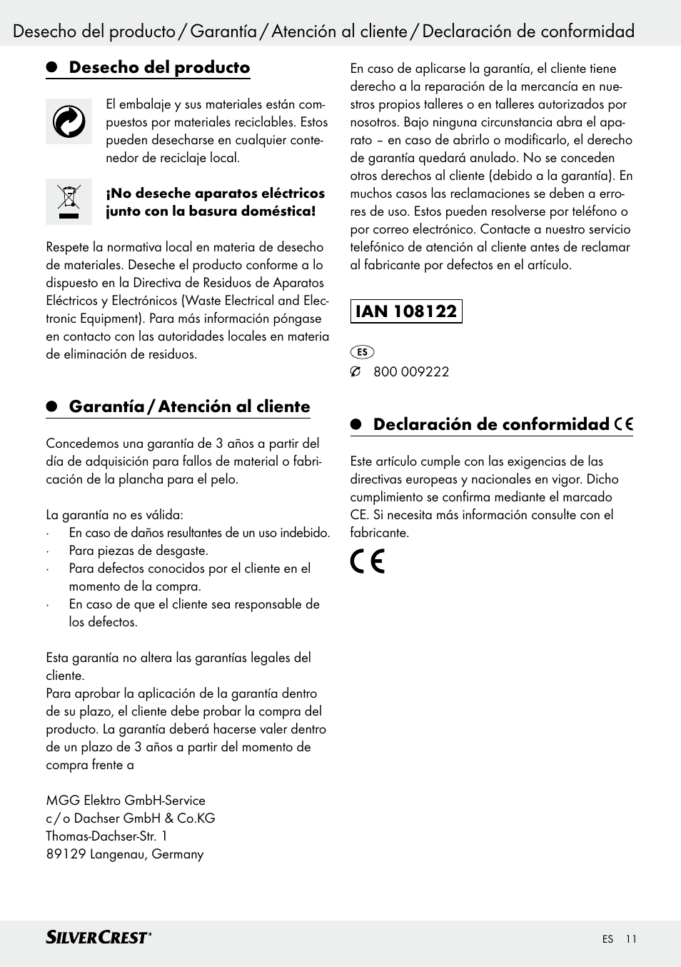 Desecho del, Desecho del producto, Garantía / atención al cliente | Declaración de conformidad | Silvercrest SHG 35 A1 User Manual | Page 11 / 45