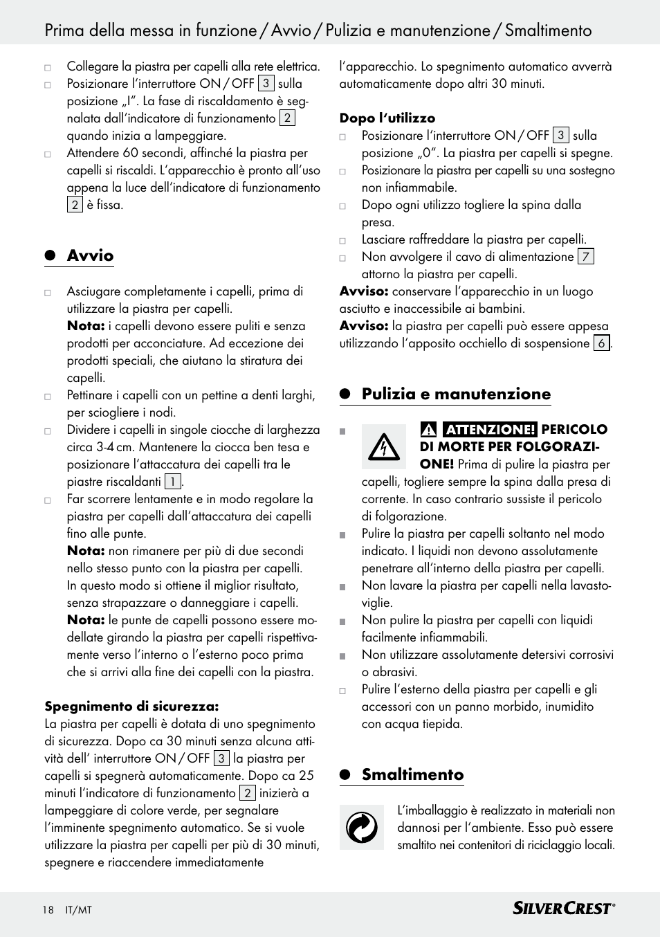 Avvio, Pulizia e manutenzione, Smaltimento | Silvercrest SHG 35 A1 User Manual | Page 18 / 45