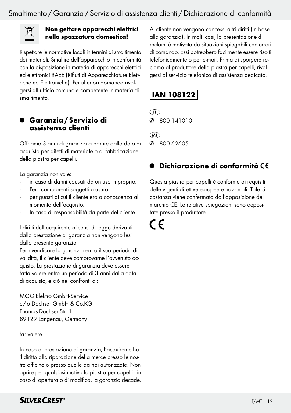 Garanzia / servizio di assistenza clienti, Dichiarazione di conformità | Silvercrest SHG 35 A1 User Manual | Page 19 / 45