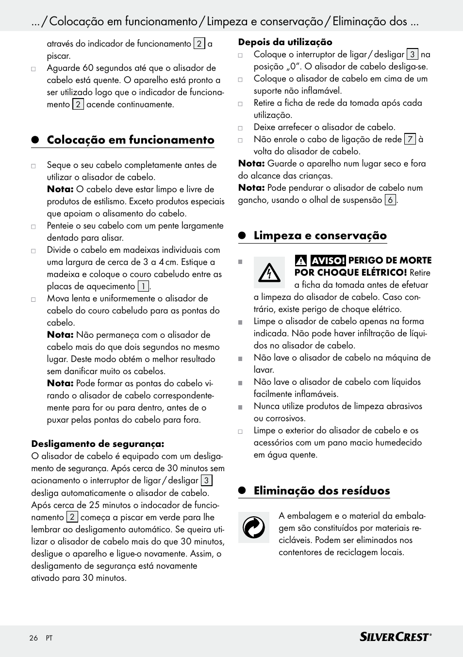 Colocação em funcionamento, Limpeza e conservação, Eliminação dos resíduos | Silvercrest SHG 35 A1 User Manual | Page 26 / 45