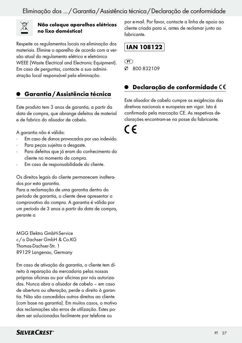 Garantia / assistência técnica, Declaração de conformidade | Silvercrest SHG 35 A1 User Manual | Page 27 / 45