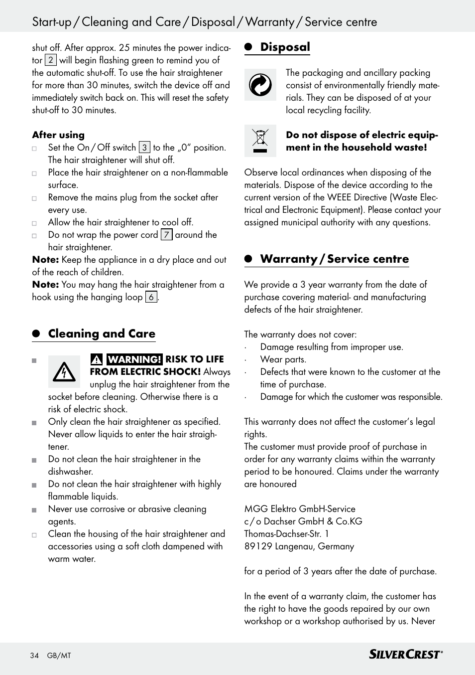 Cleaning and care, Disposal, Warranty / service centre | Silvercrest SHG 35 A1 User Manual | Page 34 / 45