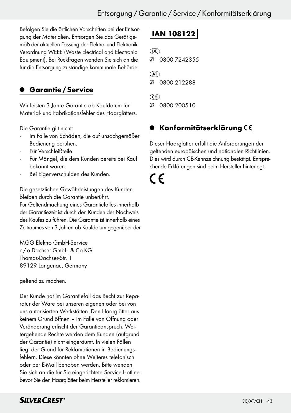 Garantie / service, Konformitätserklärung | Silvercrest SHG 35 A1 User Manual | Page 43 / 45