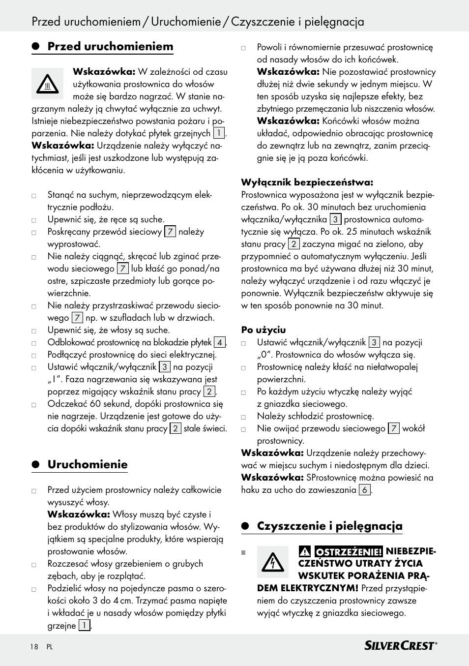 Przed uruchomieniem, Uruchomienie, Czyszczenie i pielęgnacja | Silvercrest SHG 35 A1 User Manual | Page 18 / 53