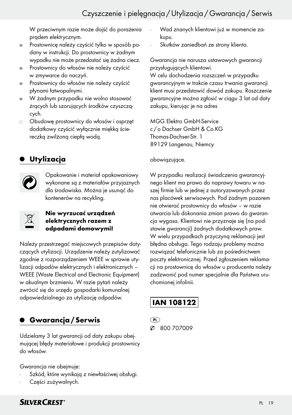 Utylizacja, Gwarancja / serwis | Silvercrest SHG 35 A1 User Manual | Page 19 / 53