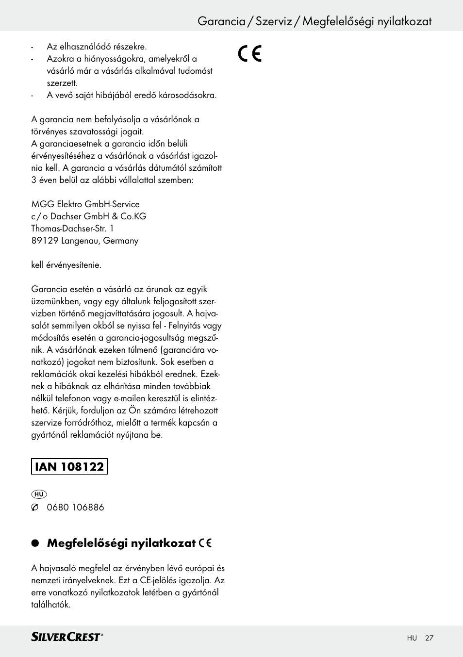 Garancia / szerviz / megfelelőségi nyilatkozat, Megfelelőségi nyilatkozat | Silvercrest SHG 35 A1 User Manual | Page 27 / 53