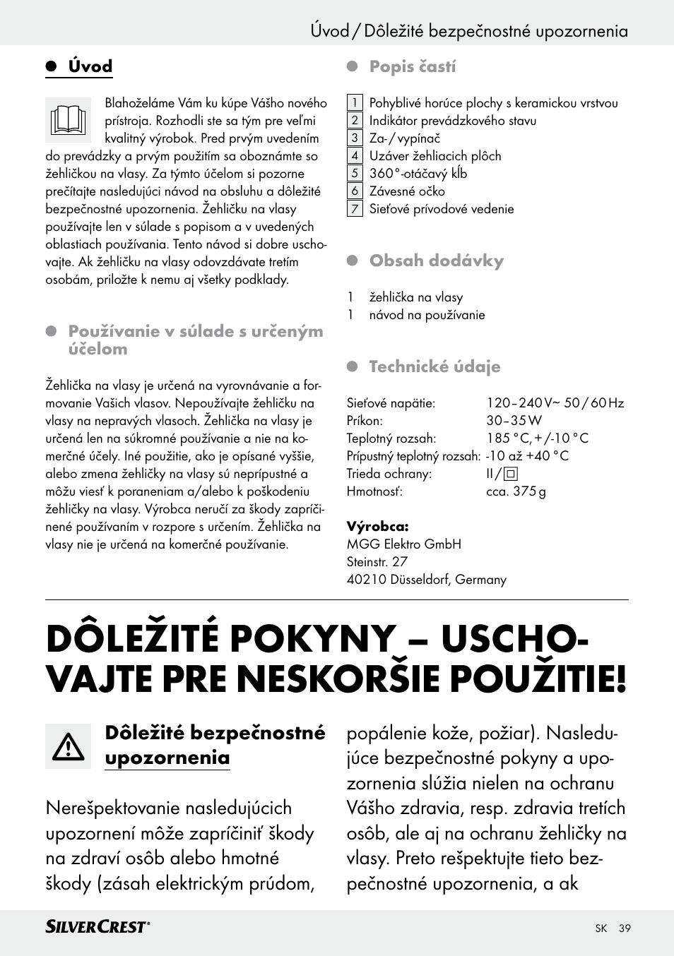 Úvod / dôležité bezpečnostné upozornenia | Silvercrest SHG 35 A1 User Manual | Page 39 / 53