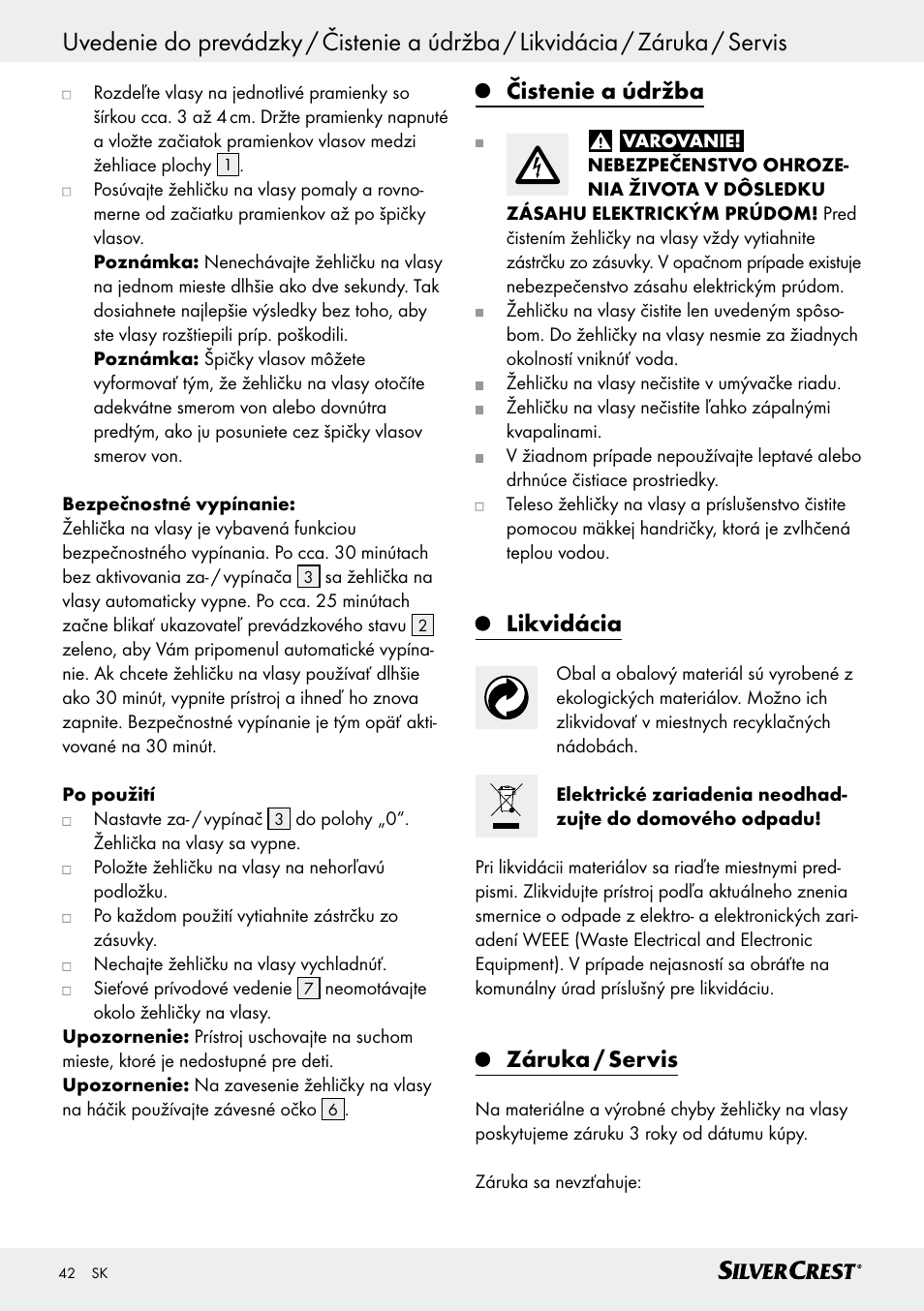 Čistenie a údržba, Likvidácia, Záruka / servis | Silvercrest SHG 35 A1 User Manual | Page 42 / 53