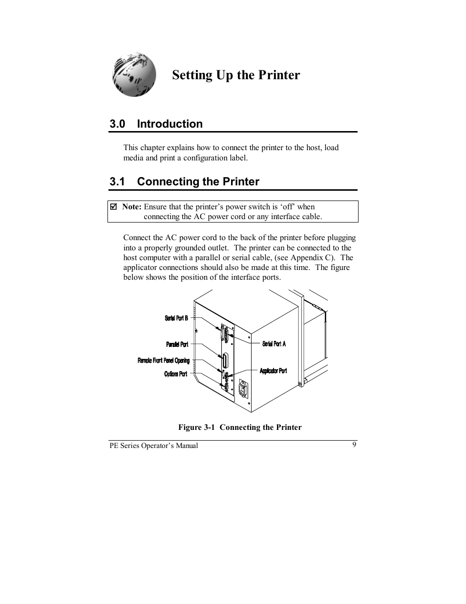 Setting up the printer, 0 introduction, 1 connecting the printer | Datamax PE User Manual | Page 19 / 100