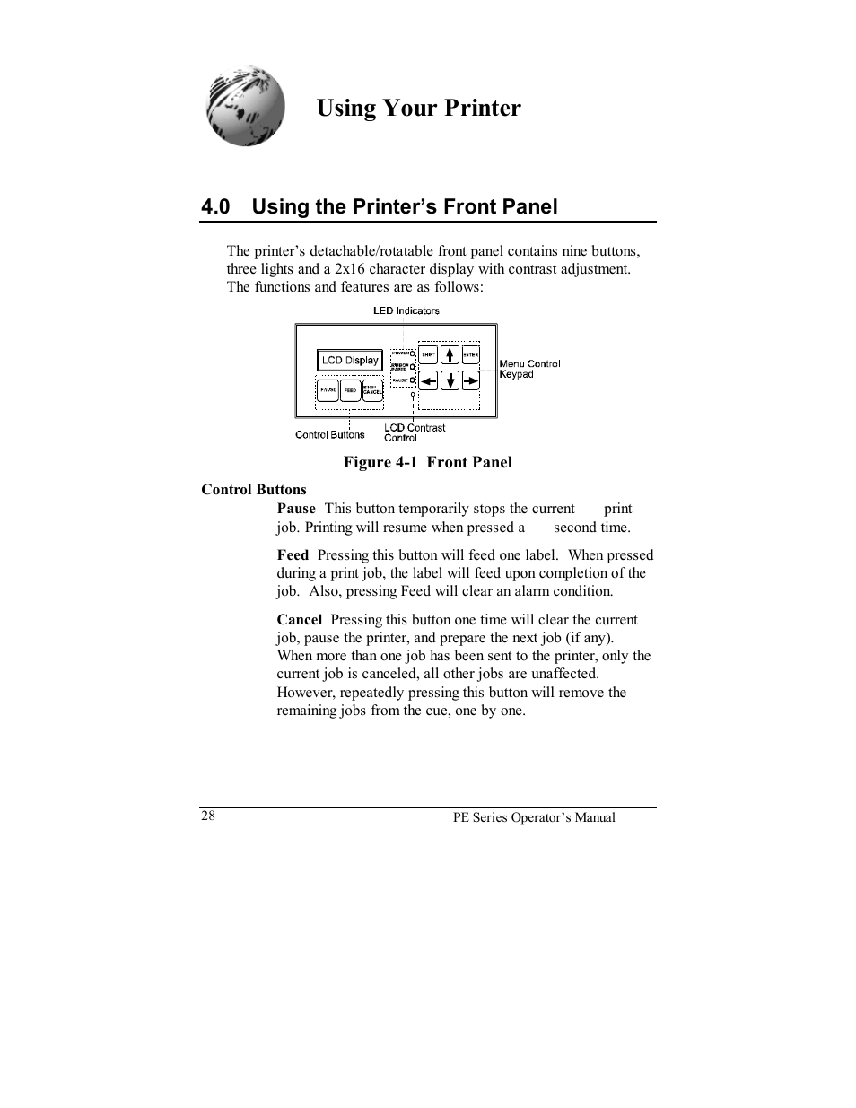 Using your printer, 0 using the printer’s front panel | Datamax PE User Manual | Page 38 / 100