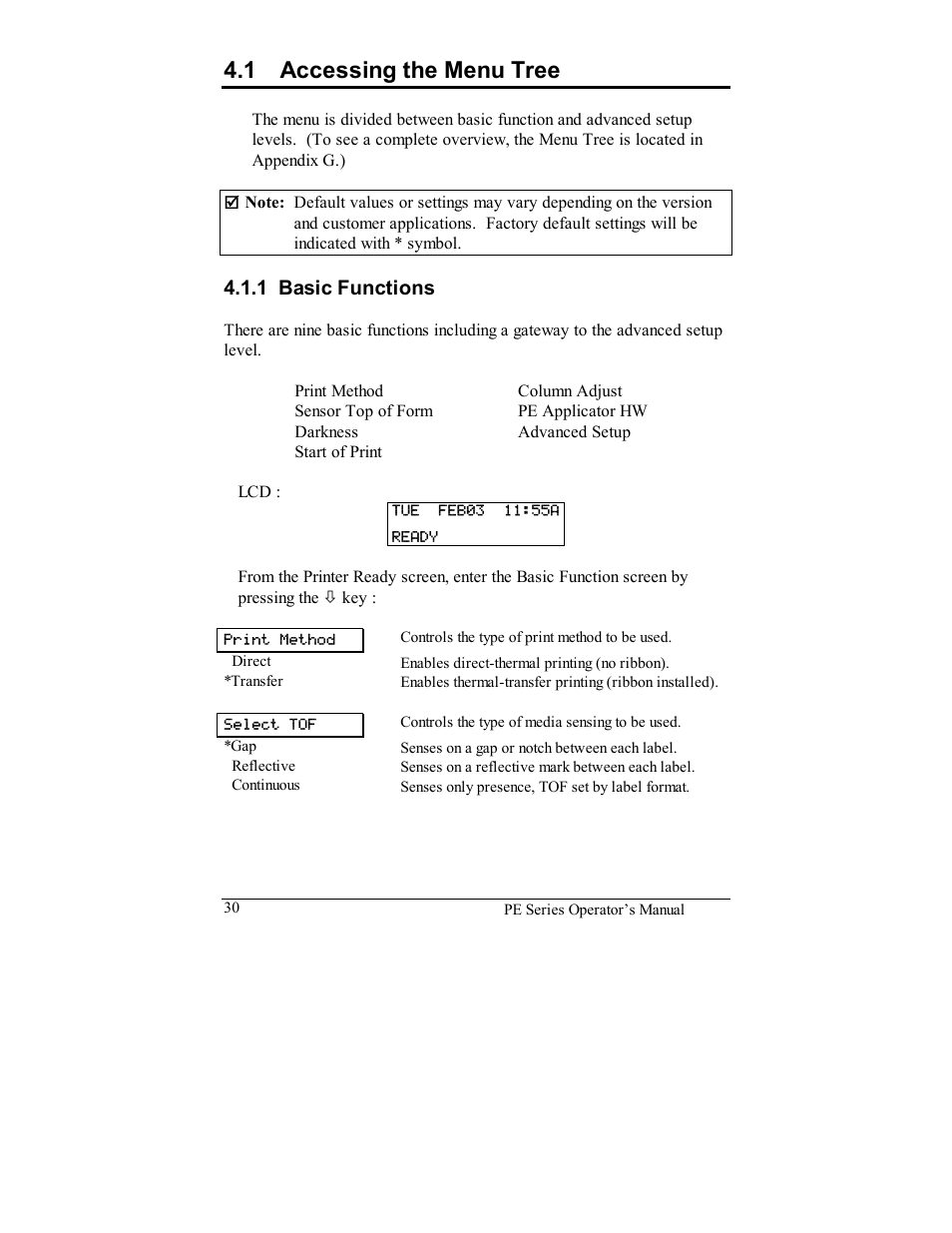 1 accessing the menu tree, 1 basic functions | Datamax PE User Manual | Page 40 / 100