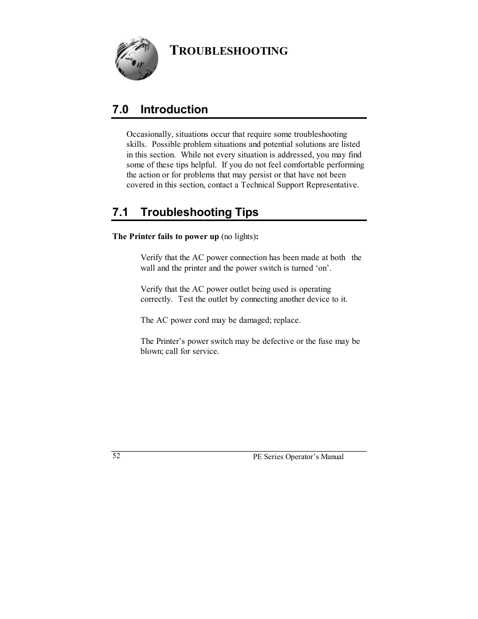 0 introduction, 1 troubleshooting tips, Roubleshooting | Datamax PE User Manual | Page 62 / 100