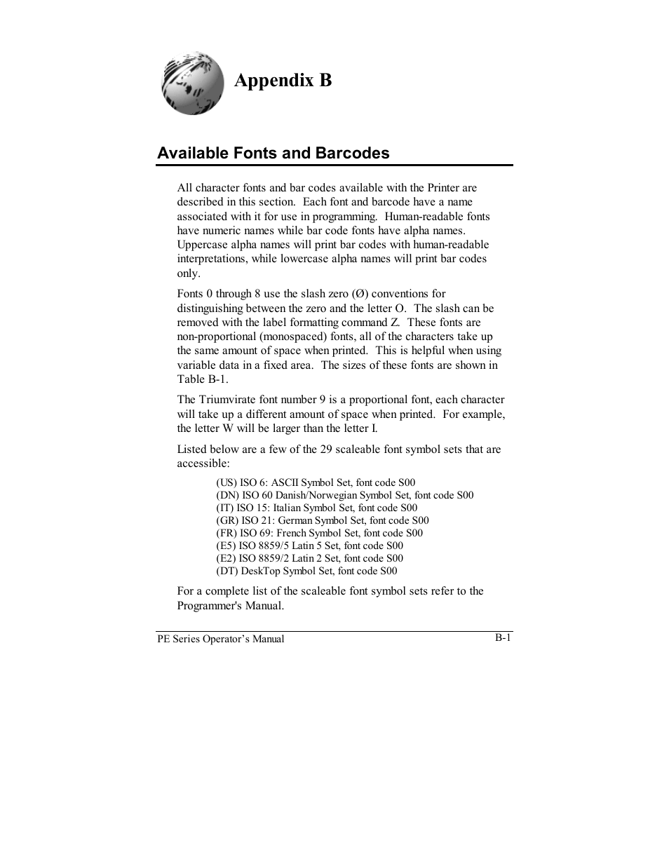 Appendix b, Available fonts and barcodes | Datamax PE User Manual | Page 75 / 100