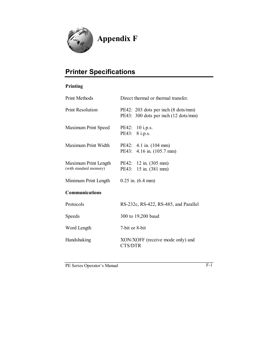 Appendix f, Printer specifications | Datamax PE User Manual | Page 89 / 100