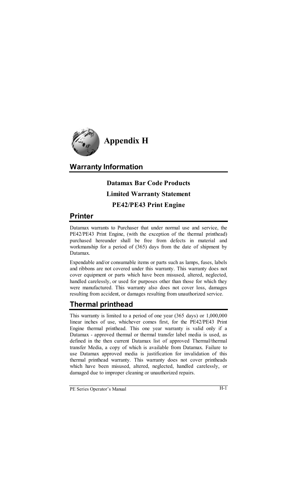Appendix h | Datamax PE User Manual | Page 97 / 100