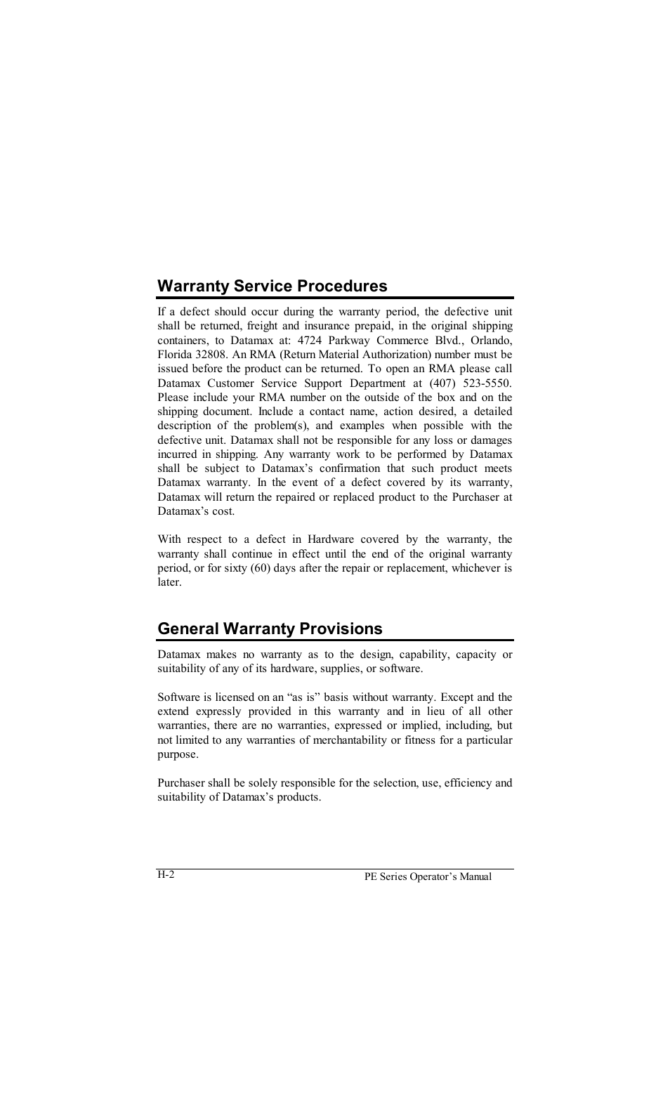 Warranty service procedures, General warranty provisions | Datamax PE User Manual | Page 98 / 100