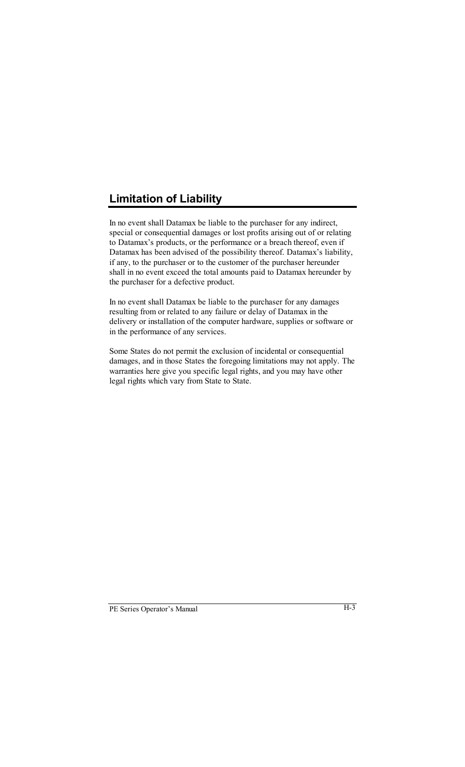 Limitation of liability | Datamax PE User Manual | Page 99 / 100