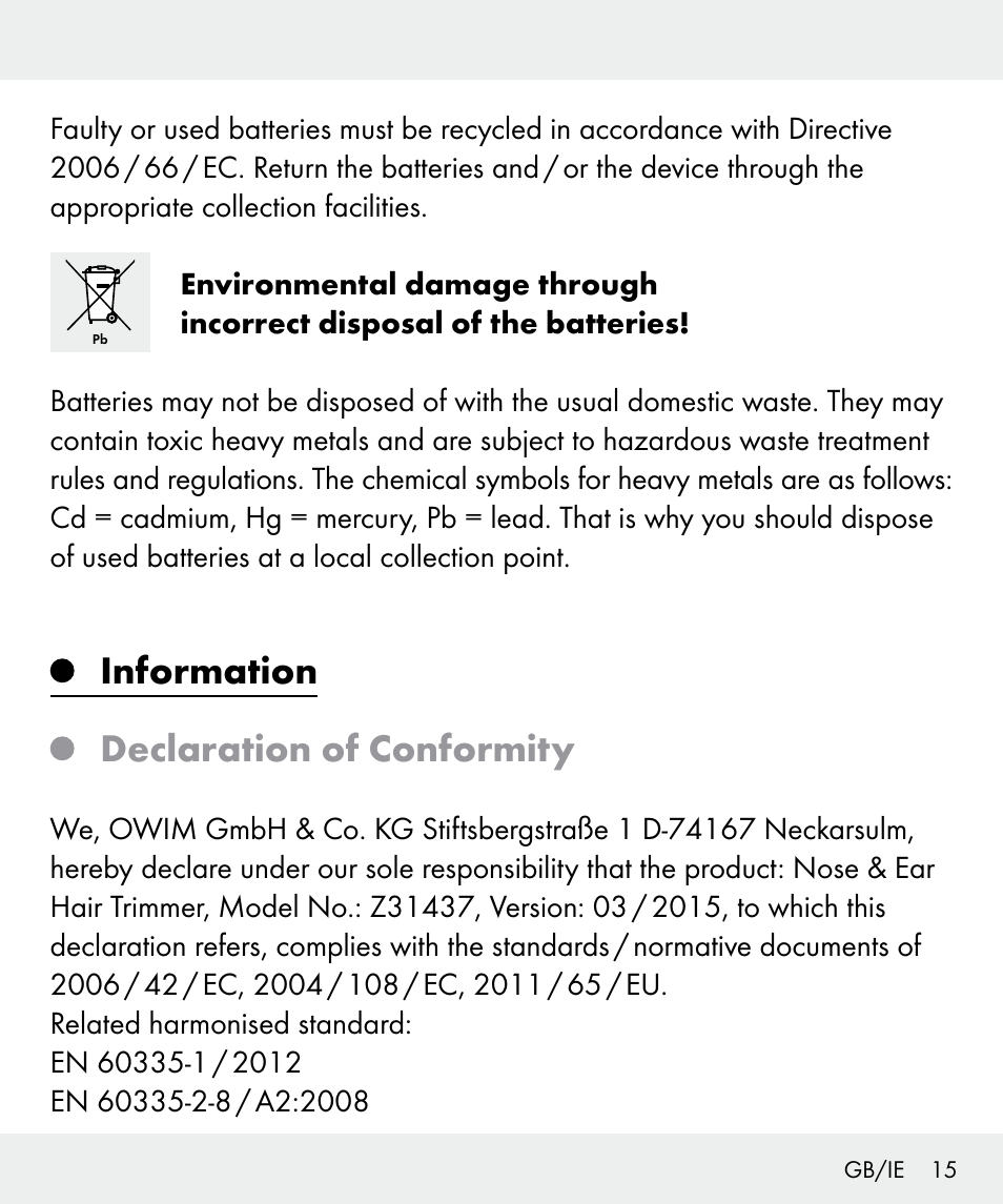 Information declaration of conformity | Silvercrest Z31437 User Manual | Page 15 / 91