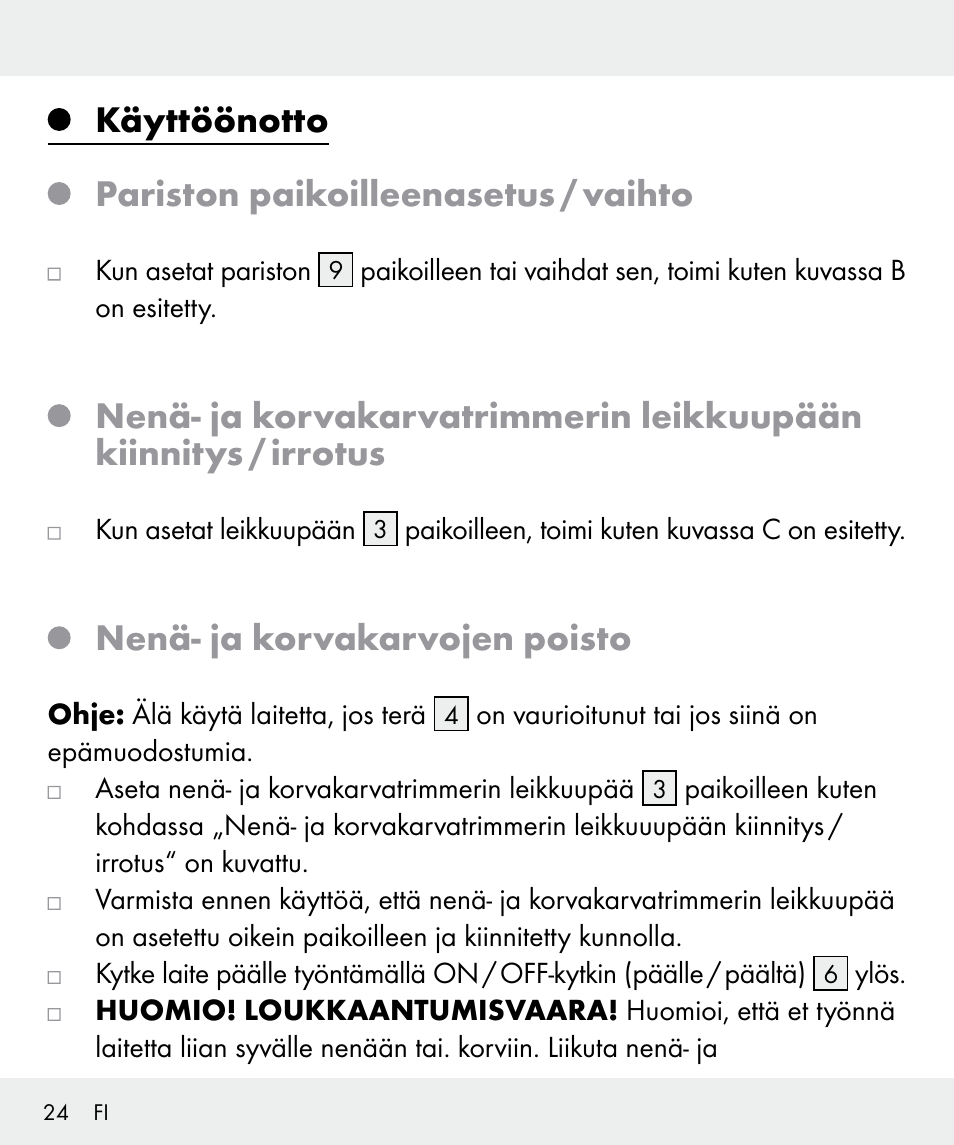 Käyttöönotto pariston paikoilleenasetus / vaihto, Nenä- ja korvakarvojen poisto | Silvercrest Z31437 User Manual | Page 24 / 91