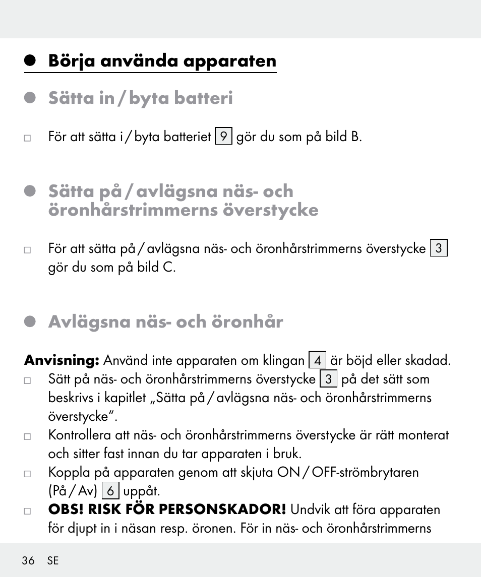 Börja använda apparaten sätta in / byta batteri, Avlägsna näs- och öronhår | Silvercrest Z31437 User Manual | Page 36 / 91