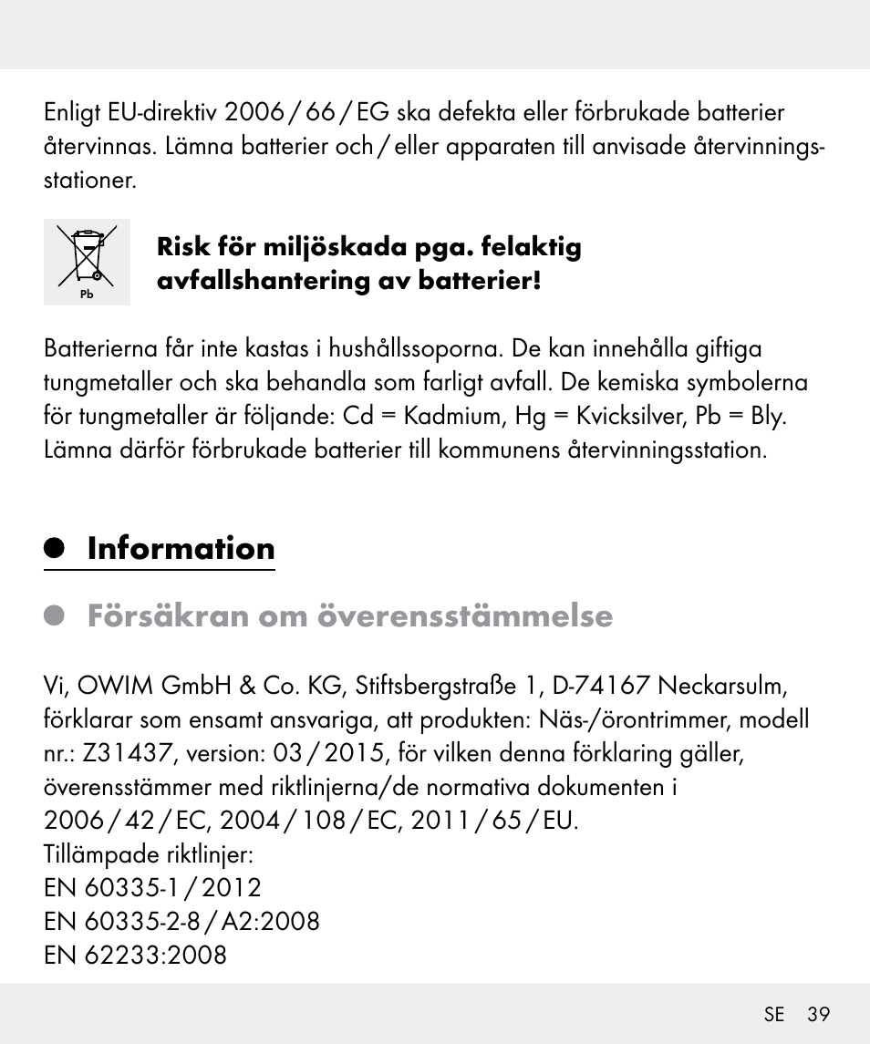 Information försäkran om överensstämmelse | Silvercrest Z31437 User Manual | Page 39 / 91