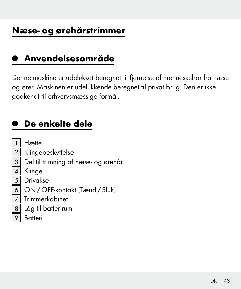 Næse- og ørehårstrimmer anvendelsesområde, De enkelte dele | Silvercrest Z31437 User Manual | Page 43 / 91