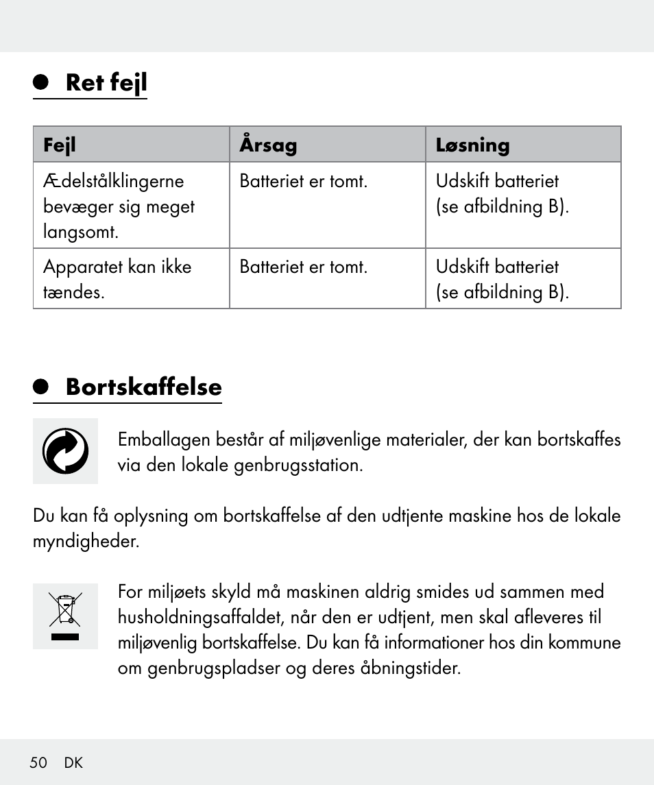 Ret fejl, Bortskaffelse | Silvercrest Z31437 User Manual | Page 50 / 91