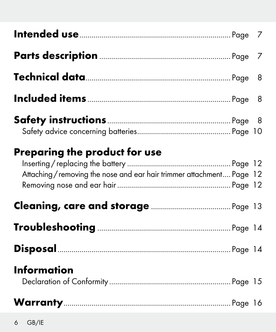 Intended use, Parts description, Technical data | Included items, Safety instructions, Preparing the product for use, Cleaning, care and storage, Troubleshooting, Disposal, Information | Silvercrest Z31437 User Manual | Page 6 / 91
