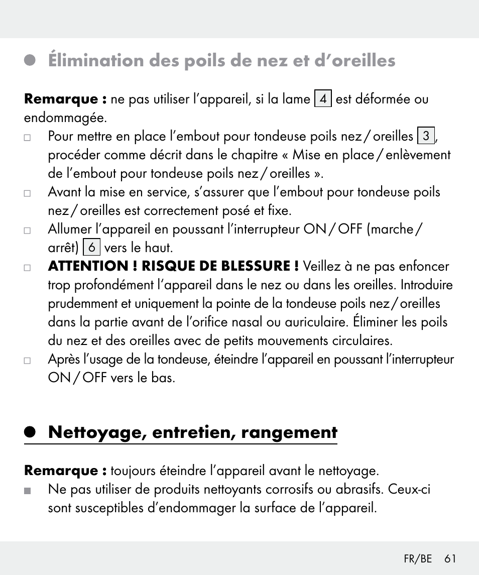 Élimination des poils de nez et d’oreilles, Nettoyage, entretien, rangement | Silvercrest Z31437 User Manual | Page 61 / 91