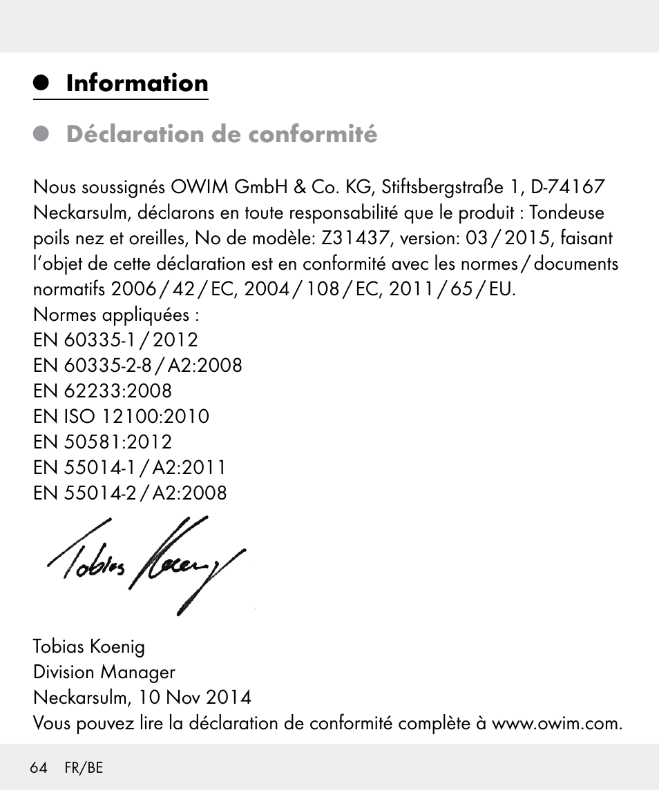 Information déclaration de conformité | Silvercrest Z31437 User Manual | Page 64 / 91