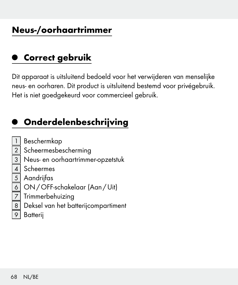 Neus-/oorhaartrimmer correct gebruik, Onderdelenbeschrijving | Silvercrest Z31437 User Manual | Page 68 / 91