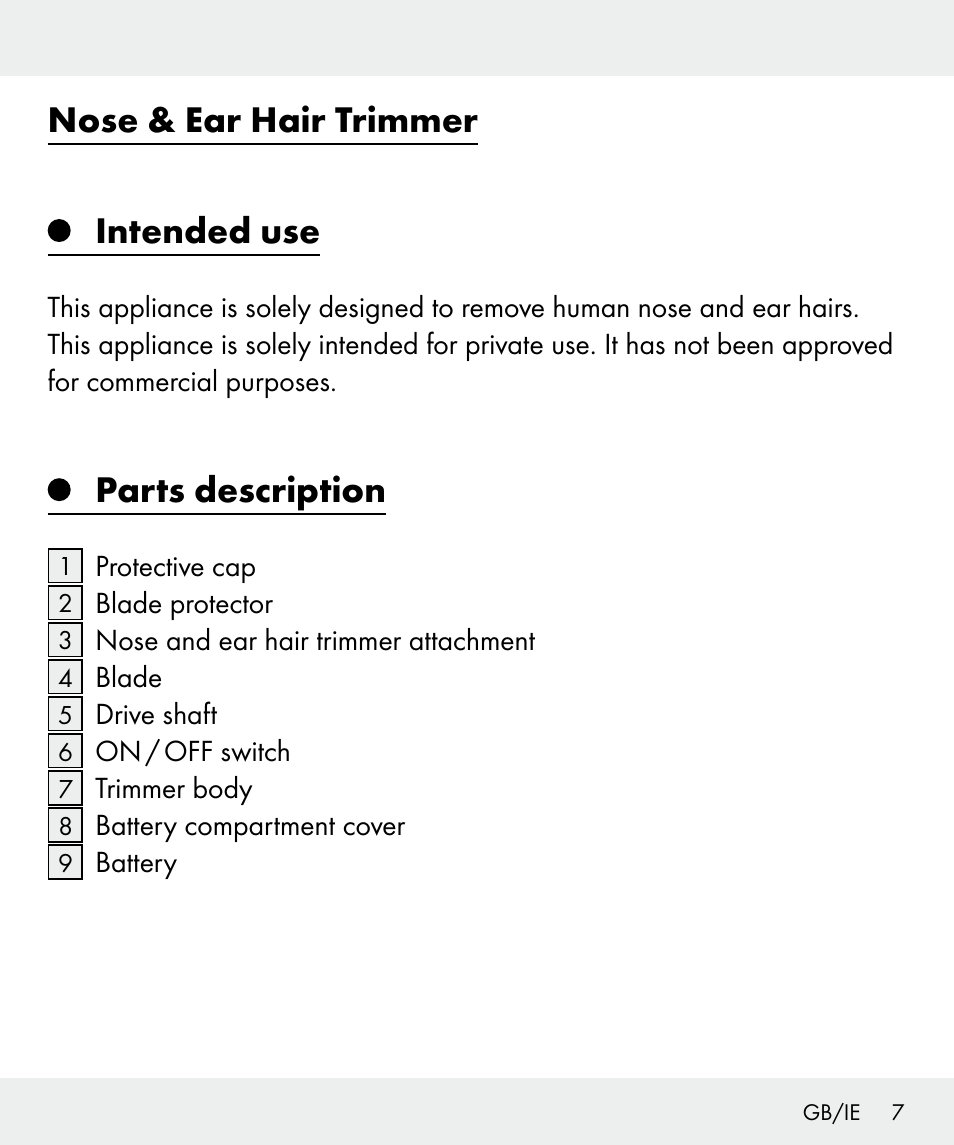 Nose & ear hair trimmer intended use, Parts description | Silvercrest Z31437 User Manual | Page 7 / 91